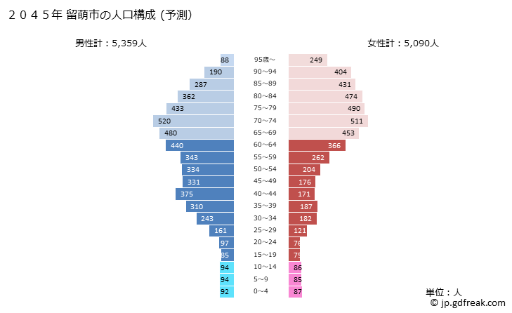 グラフ 留萌市(ﾙﾓｲｼ 北海道)の人口と世帯 2045年の人口ピラミッド（予測）