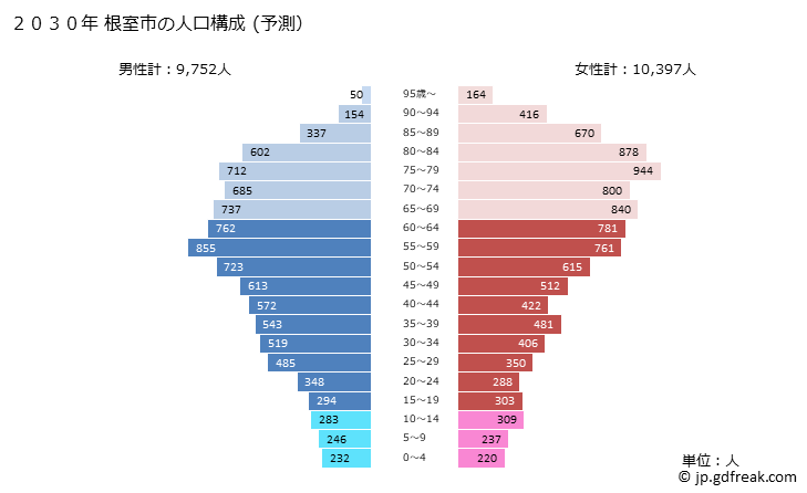 グラフ 根室市(ﾈﾑﾛｼ 北海道)の人口と世帯 2030年の人口ピラミッド（予測）