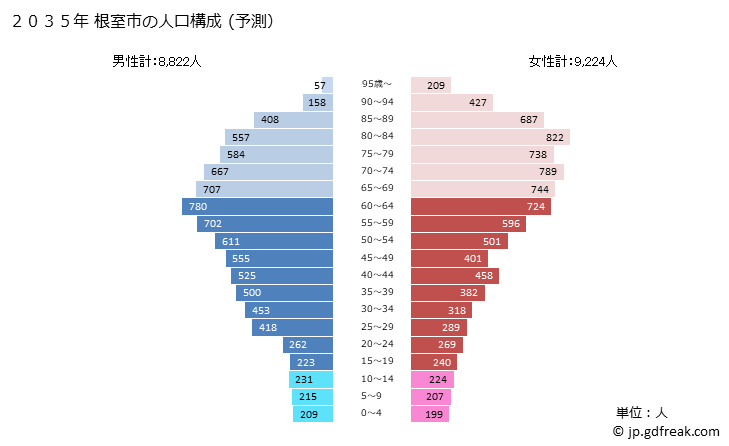 グラフ 根室市(ﾈﾑﾛｼ 北海道)の人口と世帯 2035年の人口ピラミッド（予測）