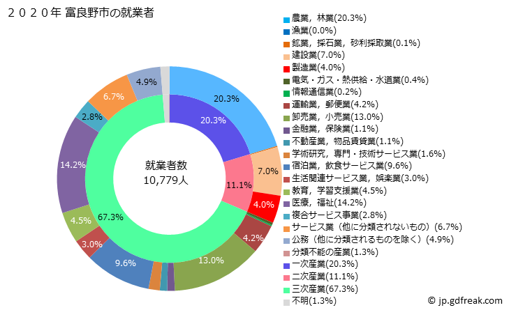 グラフ 富良野市(ﾌﾗﾉｼ 北海道)の人口と世帯 就業者数とその産業構成