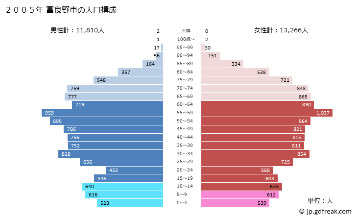 グラフ 富良野市(ﾌﾗﾉｼ 北海道)の人口と世帯 2005年の人口ピラミッド