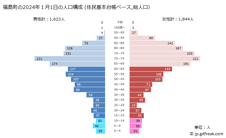 グラフ 福島町(ﾌｸｼﾏﾁｮｳ 北海道)の人口と世帯 2024年の人口ピラミッド（住民基本台帳ベース）