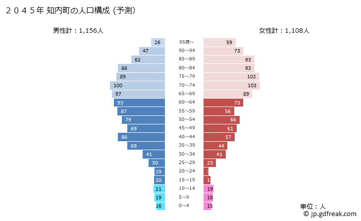 グラフ 知内町(ｼﾘｳﾁﾁｮｳ 北海道)の人口と世帯 2045年の人口ピラミッド（予測）