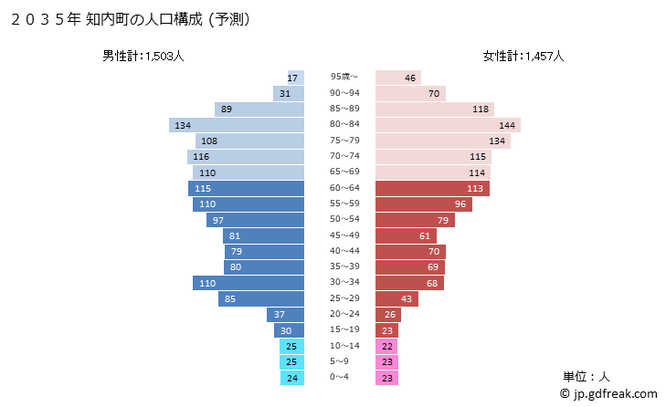グラフ 知内町(ｼﾘｳﾁﾁｮｳ 北海道)の人口と世帯 2035年の人口ピラミッド（予測）