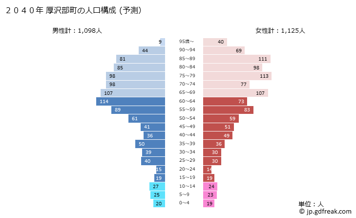 グラフ 厚沢部町(ｱｯｻﾌﾞﾁｮｳ 北海道)の人口と世帯 2040年の人口ピラミッド（予測）
