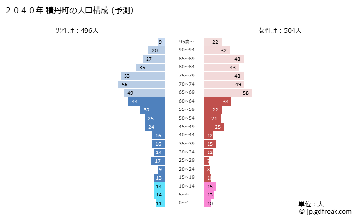 グラフ 積丹町(ｼｬｺﾀﾝﾁｮｳ 北海道)の人口と世帯 2040年の人口ピラミッド（予測）