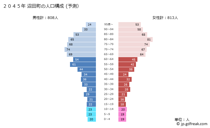 グラフ 沼田町(ﾇﾏﾀﾁｮｳ 北海道)の人口と世帯 2045年の人口ピラミッド（予測）