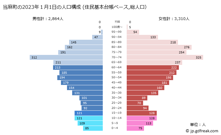 グラフ 当麻町(ﾄｳﾏﾁｮｳ 北海道)の人口と世帯 2023年の人口ピラミッド（住民基本台帳ベース）