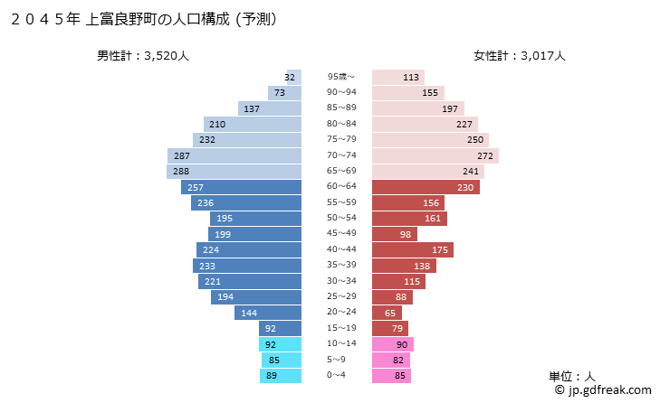 グラフ 上富良野町(ｶﾐﾌﾗﾉﾁｮｳ 北海道)の人口と世帯 2045年の人口ピラミッド（予測）