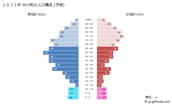 グラフ 中川町(ﾅｶｶﾞﾜﾁｮｳ 北海道)の人口と世帯 2035年の人口ピラミッド（予測）