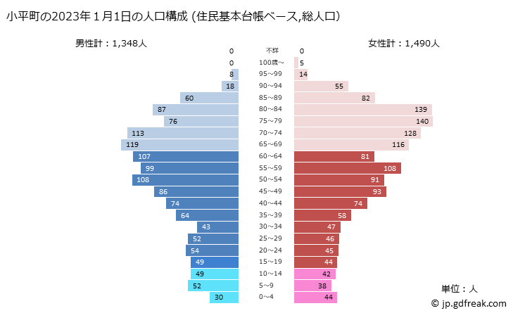 グラフ 小平町(ｵﾋﾞﾗﾁｮｳ 北海道)の人口と世帯 2023年の人口ピラミッド（住民基本台帳ベース）