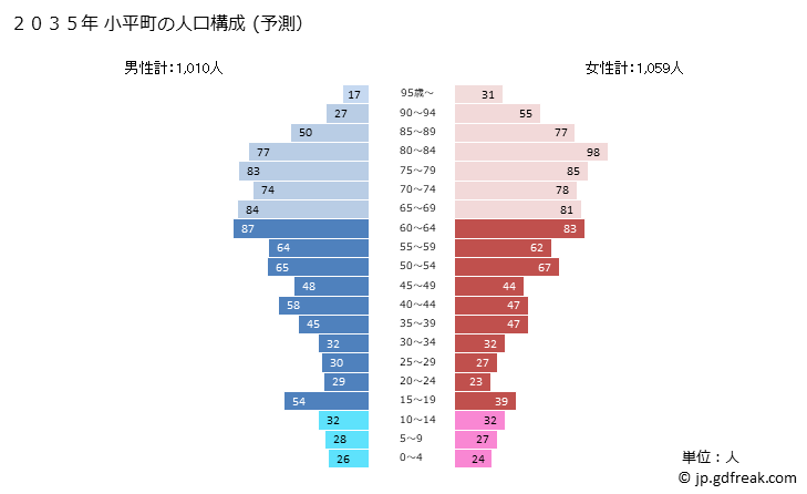 グラフ 小平町(ｵﾋﾞﾗﾁｮｳ 北海道)の人口と世帯 2035年の人口ピラミッド（予測）