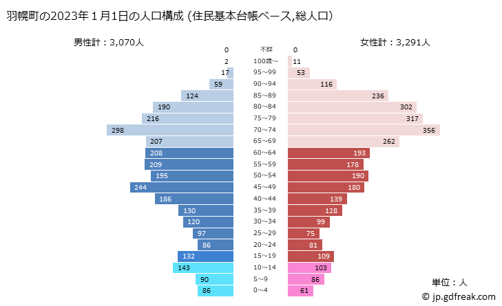 グラフ 羽幌町(ﾊﾎﾞﾛﾁｮｳ 北海道)の人口と世帯 2023年の人口ピラミッド（住民基本台帳ベース）