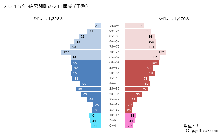 グラフ 佐呂間町(ｻﾛﾏﾁｮｳ 北海道)の人口と世帯 2045年の人口ピラミッド（予測）