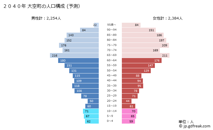 グラフ 大空町(ｵｵｿﾞﾗﾁｮｳ 北海道)の人口と世帯 2040年の人口ピラミッド（予測）
