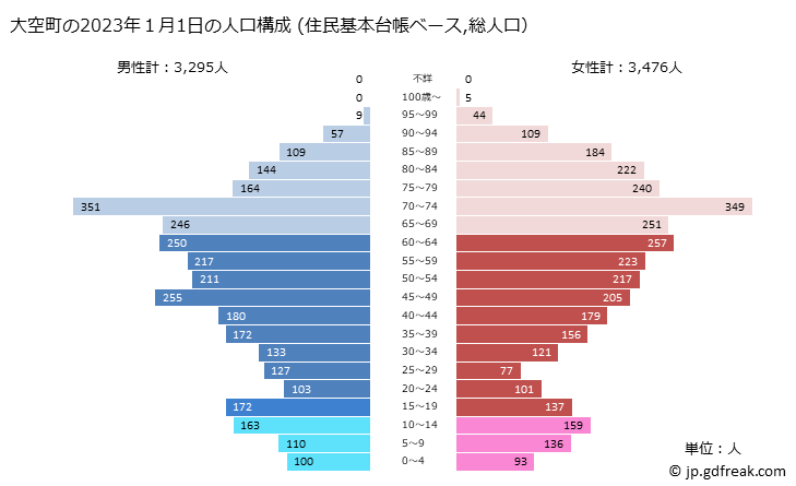 グラフ 大空町(ｵｵｿﾞﾗﾁｮｳ 北海道)の人口と世帯 2023年の人口ピラミッド（住民基本台帳ベース）