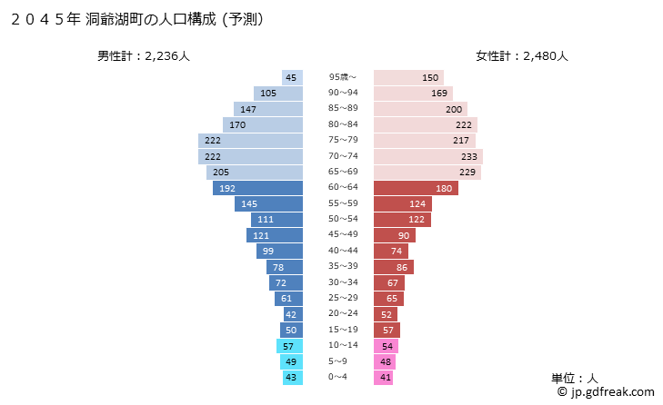グラフ 洞爺湖町(ﾄｳﾔｺﾁｮｳ 北海道)の人口と世帯 2045年の人口ピラミッド（予測）