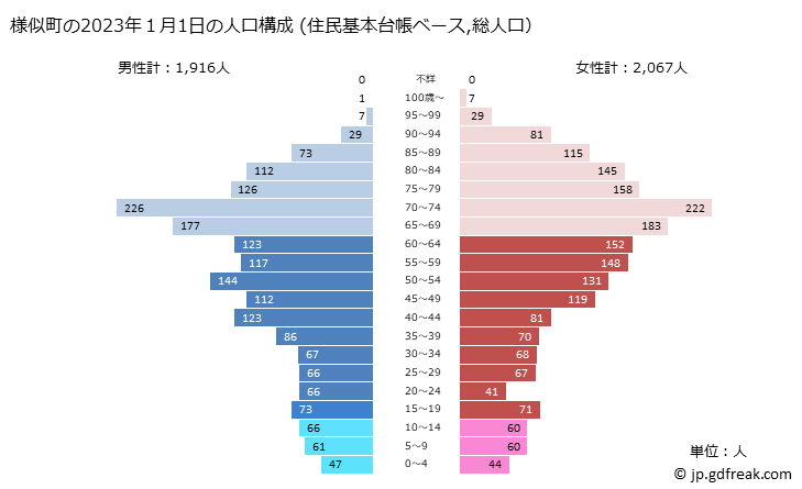 グラフ 様似町(ｻﾏﾆﾁｮｳ 北海道)の人口と世帯 2023年の人口ピラミッド（住民基本台帳ベース）