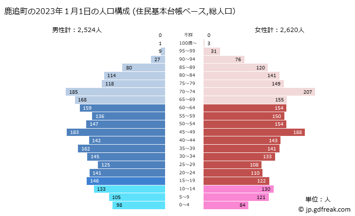 グラフ 鹿追町(ｼｶｵｲﾁｮｳ 北海道)の人口と世帯 2023年の人口ピラミッド（住民基本台帳ベース）