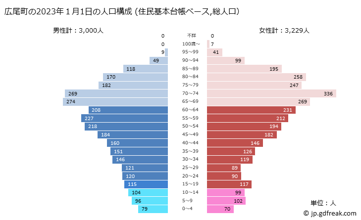 グラフ 広尾町(ﾋﾛｵﾁｮｳ 北海道)の人口と世帯 2023年の人口ピラミッド（住民基本台帳ベース）