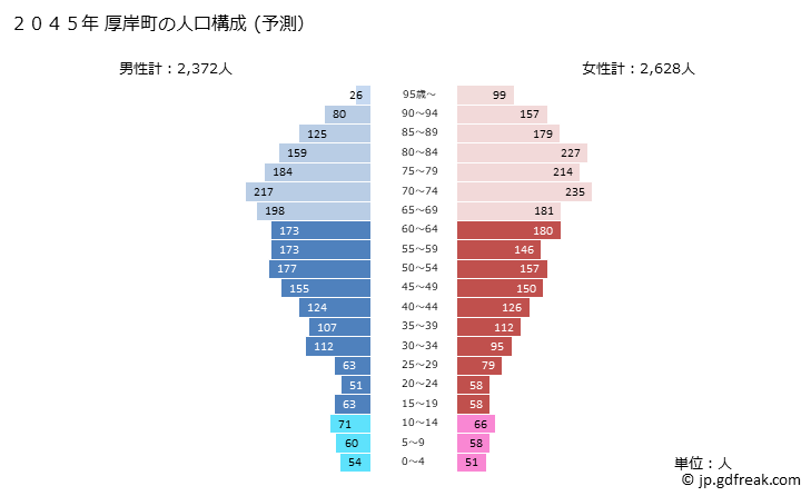 グラフ 厚岸町(ｱｯｹｼﾁｮｳ 北海道)の人口と世帯 2045年の人口ピラミッド（予測）