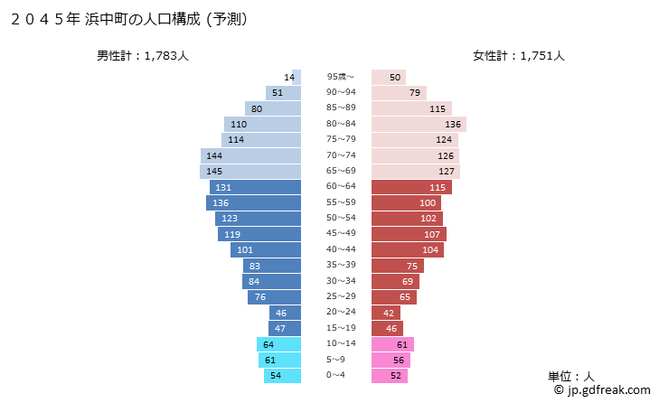 グラフ 浜中町(ﾊﾏﾅｶﾁｮｳ 北海道)の人口と世帯 2045年の人口ピラミッド（予測）