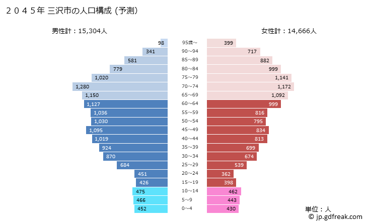 グラフ 三沢市(ﾐｻﾜｼ 青森県)の人口と世帯 2045年の人口ピラミッド（予測）