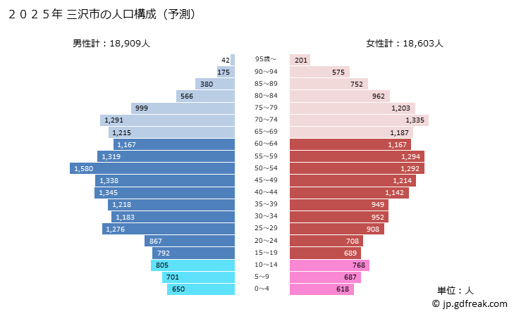 グラフ 三沢市(ﾐｻﾜｼ 青森県)の人口と世帯 2025年の人口ピラミッド