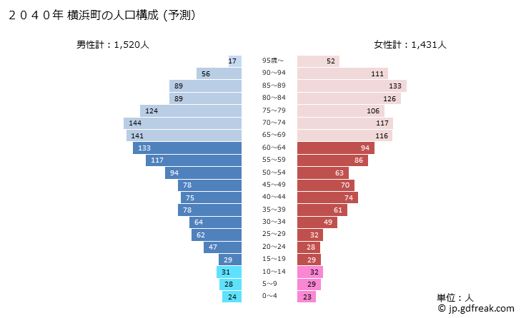 グラフ 横浜町(ﾖｺﾊﾏﾏﾁ 青森県)の人口と世帯 2040年の人口ピラミッド（予測）