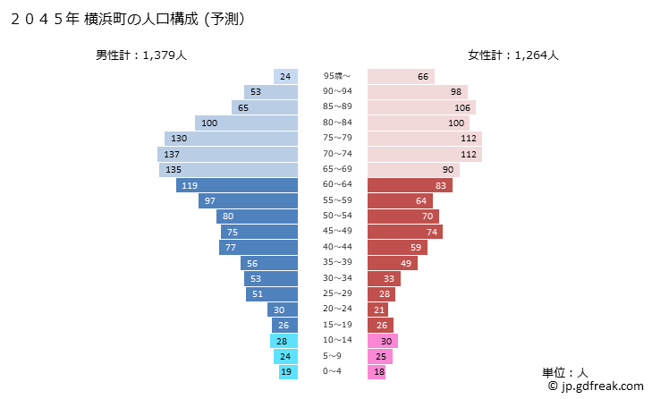 グラフ 横浜町(ﾖｺﾊﾏﾏﾁ 青森県)の人口と世帯 2045年の人口ピラミッド（予測）