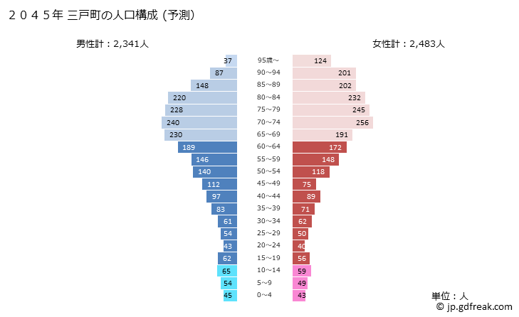 グラフ 三戸町(ｻﾝﾉﾍﾏﾁ 青森県)の人口と世帯 2045年の人口ピラミッド（予測）