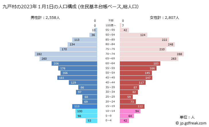 グラフ 九戸村(ｸﾉﾍﾑﾗ 岩手県)の人口と世帯 2023年の人口ピラミッド（住民基本台帳ベース）