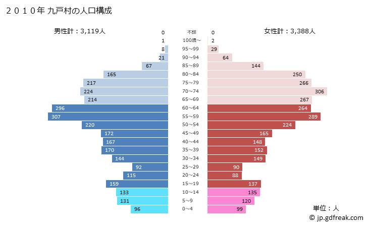 グラフ 九戸村(ｸﾉﾍﾑﾗ 岩手県)の人口と世帯 2010年の人口ピラミッド