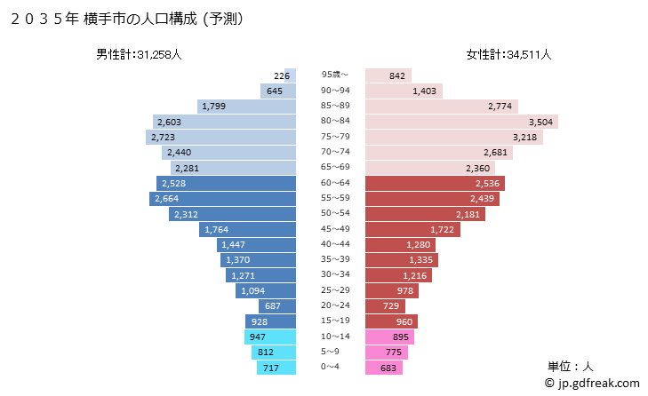 グラフ 横手市(ﾖｺﾃｼ 秋田県)の人口と世帯 2035年の人口ピラミッド（予測）