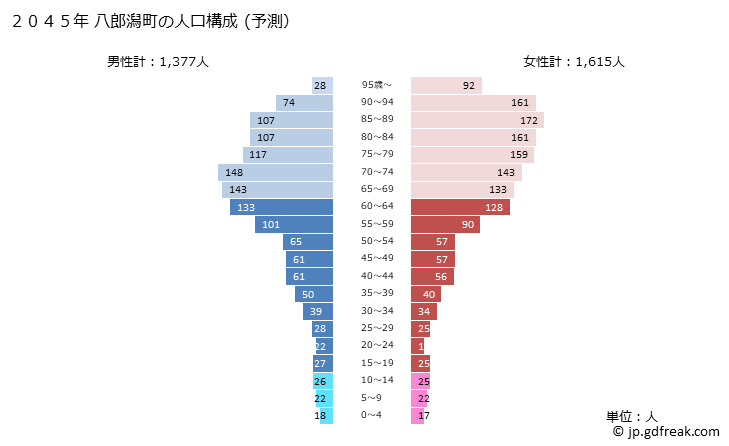 グラフ 八郎潟町(ﾊﾁﾛｳｶﾞﾀﾏﾁ 秋田県)の人口と世帯 2045年の人口ピラミッド（予測）