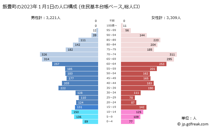 グラフ 飯豊町(ｲｲﾃﾞﾏﾁ 山形県)の人口と世帯 2023年の人口ピラミッド（住民基本台帳ベース）