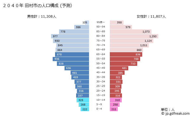 グラフ 田村市(ﾀﾑﾗｼ 福島県)の人口と世帯 2040年の人口ピラミッド（予測）