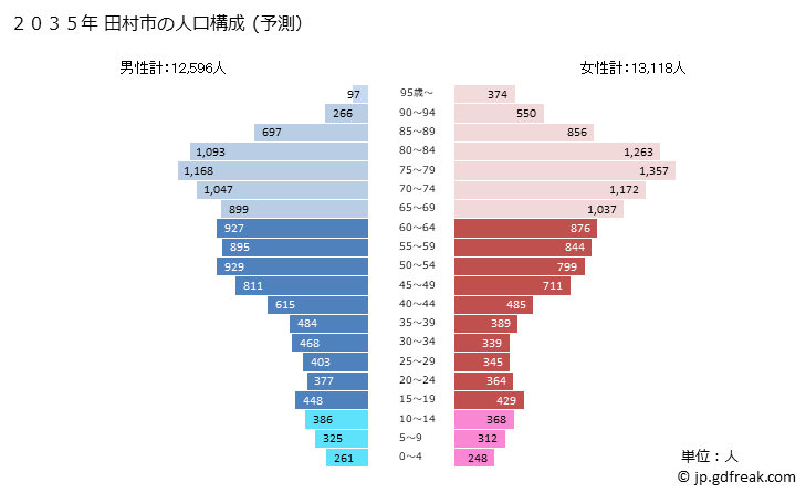 グラフ 田村市(ﾀﾑﾗｼ 福島県)の人口と世帯 2035年の人口ピラミッド（予測）