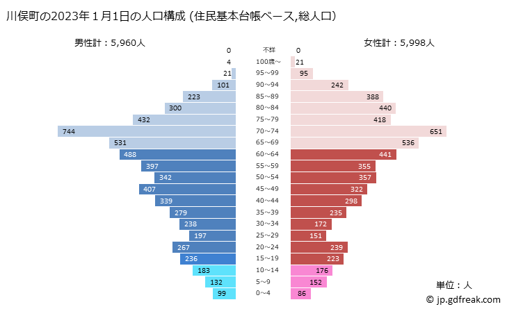 グラフ 川俣町(ｶﾜﾏﾀﾏﾁ 福島県)の人口と世帯 2023年の人口ピラミッド（住民基本台帳ベース）