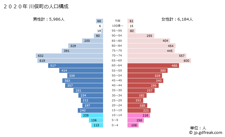 グラフ 川俣町(ｶﾜﾏﾀﾏﾁ 福島県)の人口と世帯 2020年の人口ピラミッド