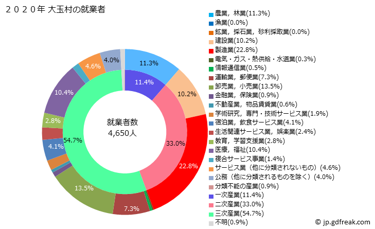 グラフ 大玉村(ｵｵﾀﾏﾑﾗ 福島県)の人口と世帯 就業者数とその産業構成