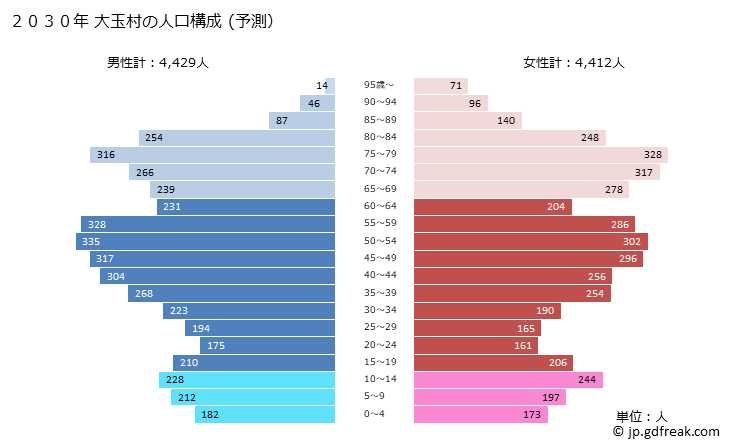 グラフ 大玉村(ｵｵﾀﾏﾑﾗ 福島県)の人口と世帯 2030年の人口ピラミッド（予測）