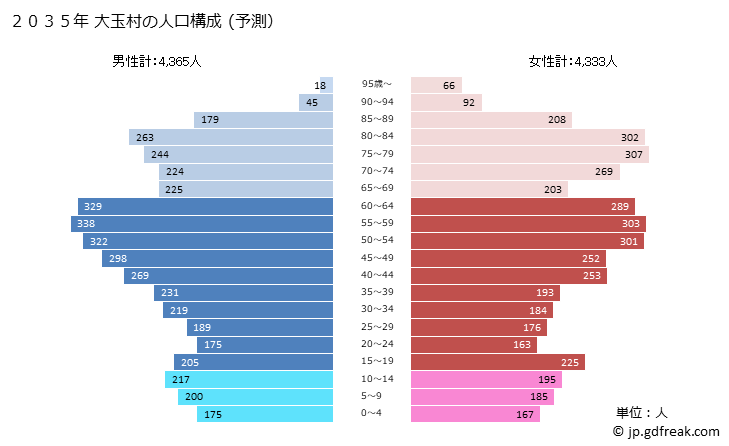 グラフ 大玉村(ｵｵﾀﾏﾑﾗ 福島県)の人口と世帯 2035年の人口ピラミッド（予測）