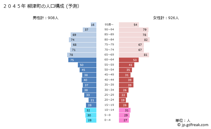 グラフ 柳津町(ﾔﾅｲﾂﾞﾏﾁ 福島県)の人口と世帯 2045年の人口ピラミッド（予測）