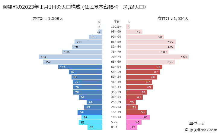 グラフ 柳津町(ﾔﾅｲﾂﾞﾏﾁ 福島県)の人口と世帯 2023年の人口ピラミッド（住民基本台帳ベース）