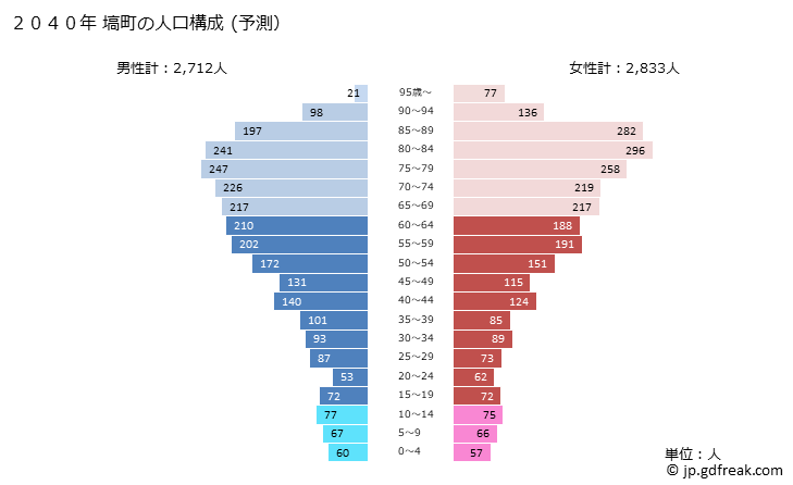 グラフ 塙町(ﾊﾅﾜﾏﾁ 福島県)の人口と世帯 2040年の人口ピラミッド（予測）