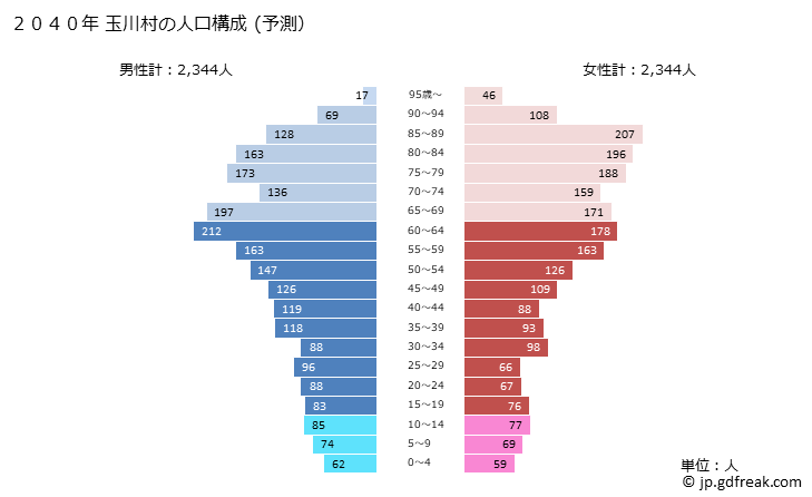グラフ 玉川村(ﾀﾏｶﾜﾑﾗ 福島県)の人口と世帯 2040年の人口ピラミッド（予測）