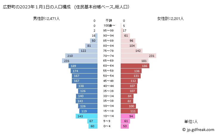 グラフ 広野町(ﾋﾛﾉﾏﾁ 福島県)の人口と世帯 2023年(１月1日現在)の人口ピラミッド（住民基本台帳ベース）