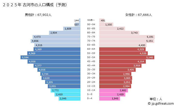 グラフ 古河市(ｺｶﾞｼ 茨城県)の人口と世帯 2025年の人口ピラミッド