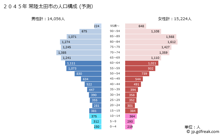 グラフ 常陸太田市(ﾋﾀﾁｵｵﾀｼ 茨城県)の人口と世帯 2045年の人口ピラミッド（予測）